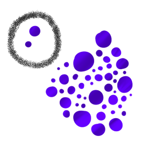 A black circle with two indigo dots in it, and many more outside of it.